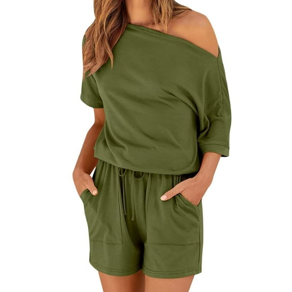 IROINNID Jumpsuit Shorts for Women Spring And Summer Solid Color One Shoulder Loose Fitting One-piece Shorts,Olive Green