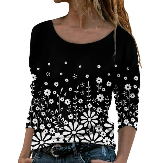 IROINNID Deals Ladies Long Sleeve T Shirts Crewneck Floral Flower Print Pullover Tops Blouse,Black