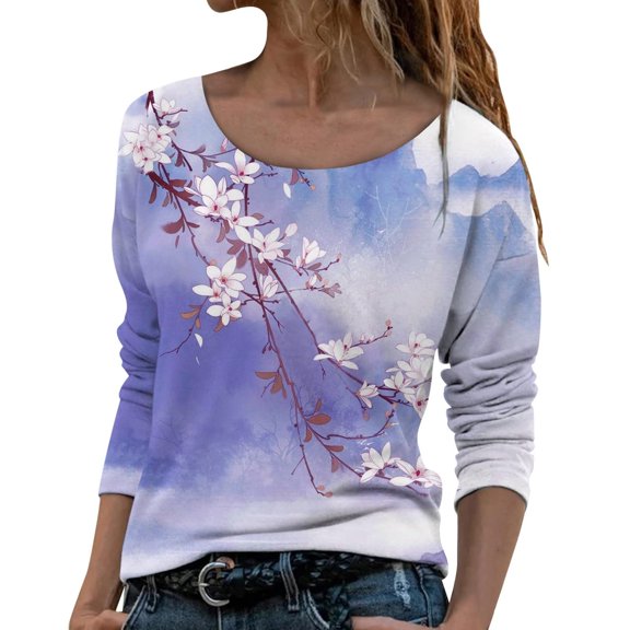 IROINNID Ladies Long Sleeve T Shirts Crewneck Floral Flower Print Pullover Tops Blouse,Purple