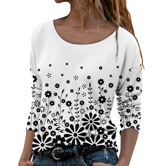 IROINNID Ladies Long Sleeve T Shirts Crewneck Floral Flower Print Pullover Tops Blouse,White