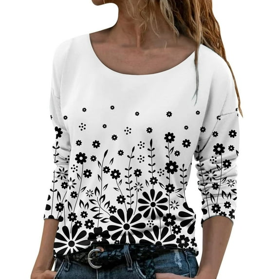 IROINNID Deals Ladies Long Sleeve T Shirts Crewneck Floral Flower Print Pullover Tops Blouse,White