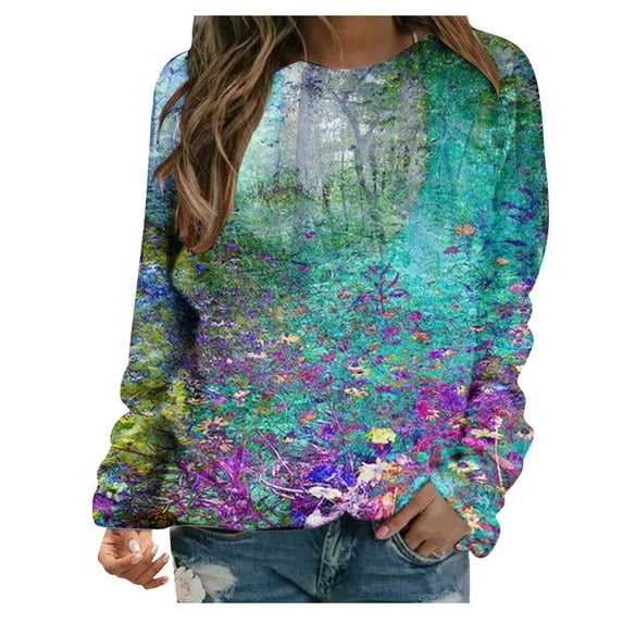 IROINNID Deals Ladies Long Sleeve T Shirts Ladies Round-Neck Printed Sweatshirt Blouse Pullover Top,Mint Green