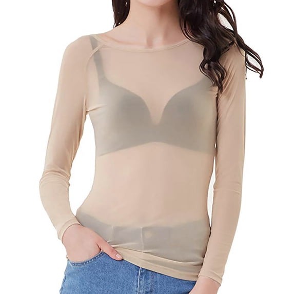 IROINNID Ladies Long Sleeve T Shirts See-Through Seamless Arm Shaper Top Mesh Shirt Blouse,Khaki
