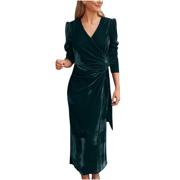 IROINNID Long Dress for Women Formal Wedding Guest Formal Dress Velvet Chiffon Lace-up Dress Elegant Long Sleeve Evening Gown Solid Color Slimming Skirt,Green