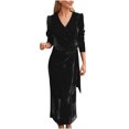 thumbnail image 1 of IROINNID Long Dress for Women Formal Wedding Guest Formal Dress Velvet Chiffon Lace-up Dress Elegant Long Sleeve Evening Gown Solid Color Slimming Skirt,Black, 1 of 4