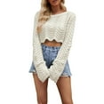 thumbnail image 1 of IROINNID Long Sleeve Crop Shirt for Women Comfy Top Solid Color Hollowed Out Clothing Wave Pattern Short Top Pullover Sweater,Beige, 1 of 5