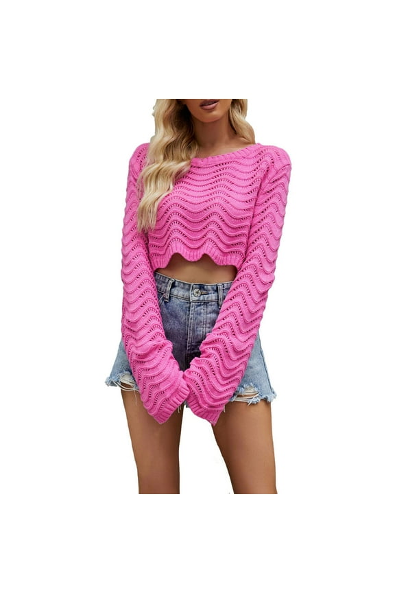 Long Sleeve Crop Shirt for Women Comfy Top Solid Color Hollowed Out Clothing Wave Pattern Short Top Pullover Sweater,Hot Pink