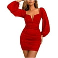 thumbnail image 1 of IROINNID Deals Long Sleeve Dress for Women Wedding Guest Dresses Thigh-Length Cocktail Dress Sexy Dress Sequined Deep V Short Long Sleeve V-Neck Dress,Red, 1 of 7