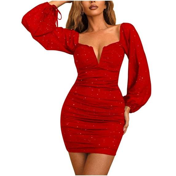 IROINNID Deals Long Sleeve Dress for Women Wedding Guest Dresses Thigh-Length Cocktail Dress Sexy Dress Sequined Deep V Short Long Sleeve V-Neck Dress,Red