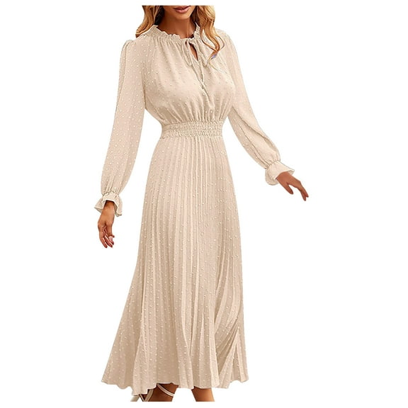 IROINNID Long Sleeve Dress for Women Fall Dress Full-Length Formal Dress Spring V-Neck Solid Slimming Long Sleeve Dress,Beige
