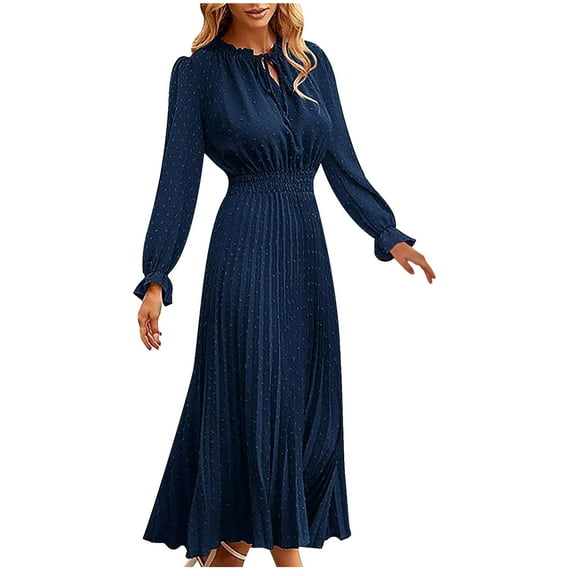 IROINNID Long Sleeve Dress for Women Fall Dress Full-Length Formal Dress Spring V-Neck Solid Slimming Long Sleeve Dress,Dark Blue