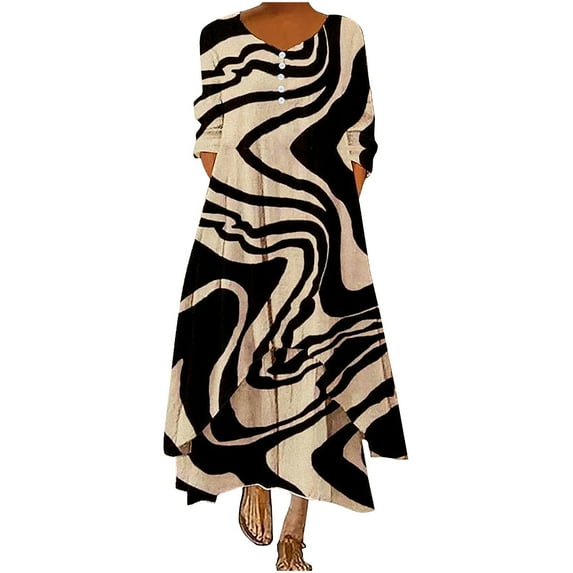 IROINNID Long Sleeve Dress for Women Fall Dress Full-Length Shift Dress Round-Neck Long Sleeve Button Pocket Long Dress,Khaki