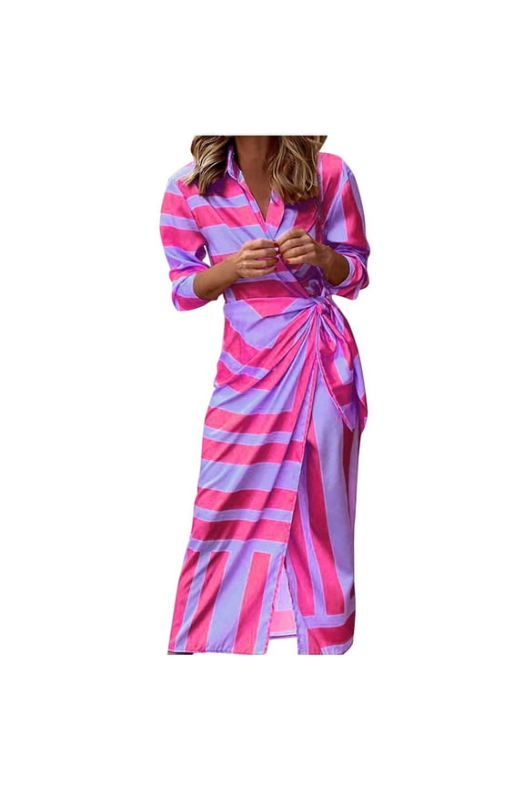 Long Sleeve Dress for Women Wedding Guest Dresses Full-Length Wrap Dress Print Cardigan Lace-up Striped Print Dress,Purple