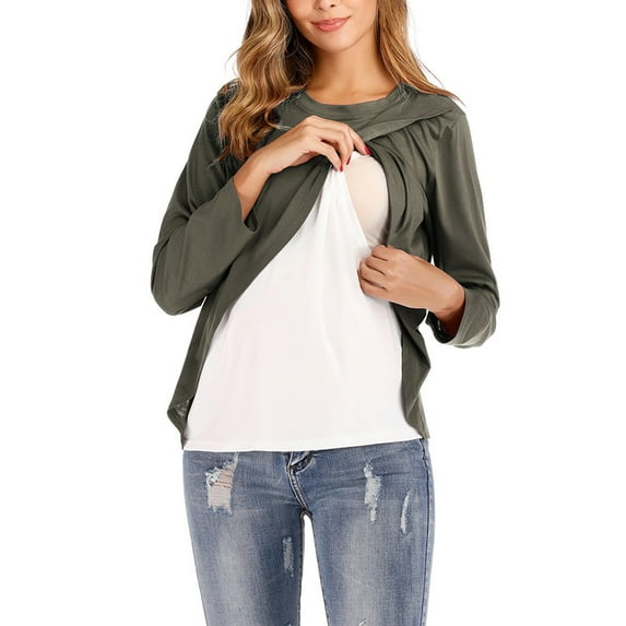 IROINNID Deals Long Sleeve Nursing Shirt for Women Cotton Round Neck Long Sleeve Solid Color Maternity Breastfeeding Clothe Top,Olive Green