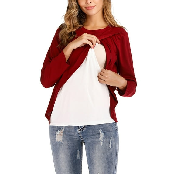 IROINNID Deals Long Sleeve Nursing Shirt for Women Cotton Round Neck Long Sleeve Solid Color Maternity Breastfeeding Clothe Top,Red