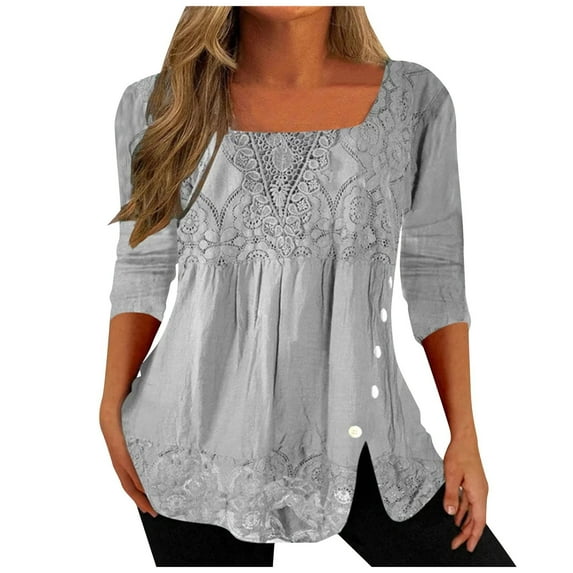 IROINNID Long Sleeve Pullover Shirt for Women Cotton Shirts for Women Comfy Summer Tops For Solid Color Square Neck Pullover Lace Splicing Top,Gray