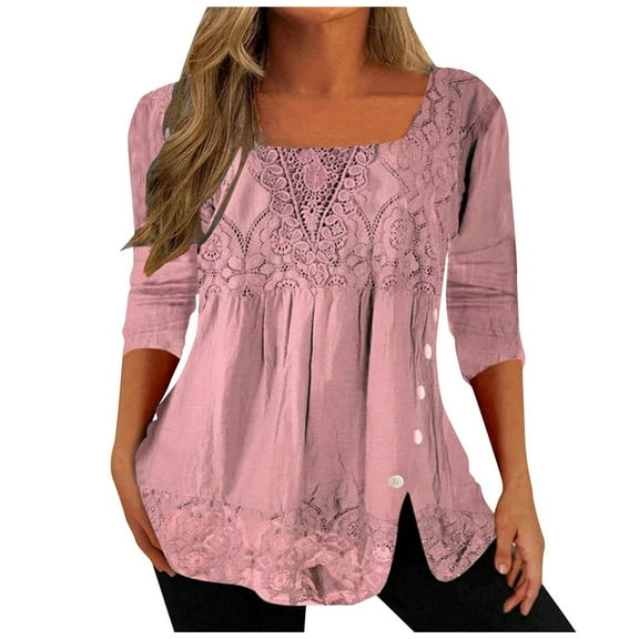 IROINNID Long Sleeve Pullover Shirt for Women Cotton Shirts for Women Comfy Summer Tops For Solid Color Square Neck Pullover Lace Splicing Top,Pink