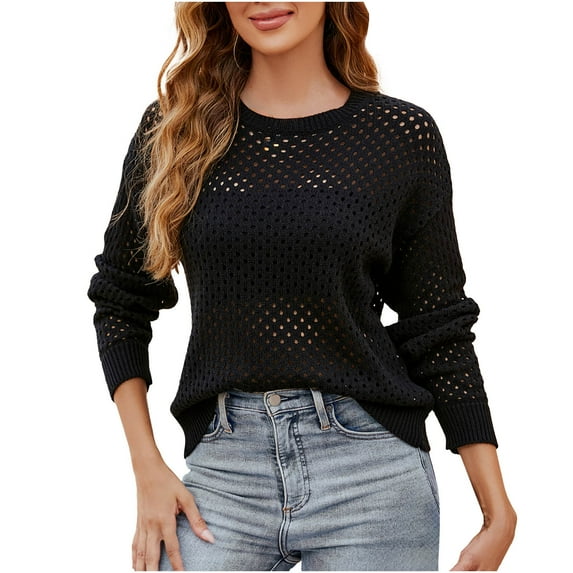 IROINNID Long Sleeve Pullover Shirt for Women Comfy Knitted Stripe Hollow Out Round Neck Tops,Black