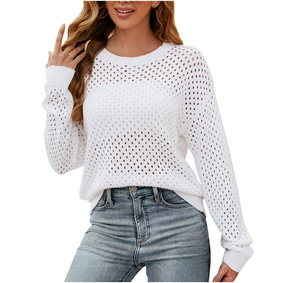 IROINNID Deals Long Sleeve Pullover Shirt for Women Comfy Knitted Stripe Hollow Out Round Neck Tops,White