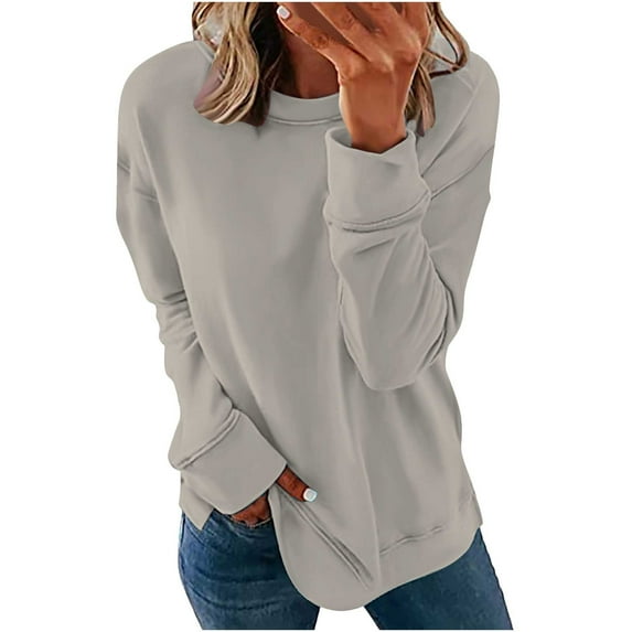 IROINNID Long Sleeve Shirt for Women Fall Tops Solid Basic Pullover Round Neck Casual Sweatshirt Loose Relaxed Fit Tops,Silver