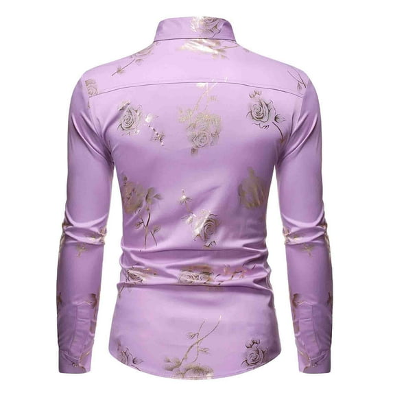 IROINNID Deals Long Sleeve Shirts for Men Comfy Nightclub Shiny Golden 3D Rose Printed Shirt,Purple