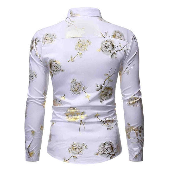 IROINNID Deals Long Sleeve Shirts for Men Comfy Nightclub Shiny Golden 3D Rose Printed Shirt,White