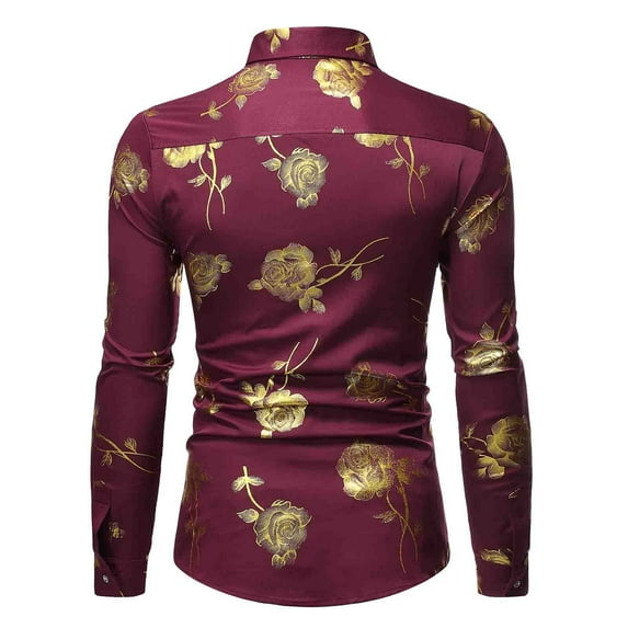 IROINNID Deals Long Sleeve Shirts for Men Comfy Nightclub Shiny Golden 3D Rose Printed Shirt,Wine