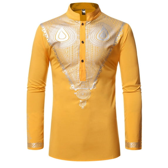 IROINNID Deals Long Sleeve Shirts for Men Comfy Printed Muscle Tee T-shirt Medium Length Shirt Turndown Collar Blouse & Shirt,Yellow
