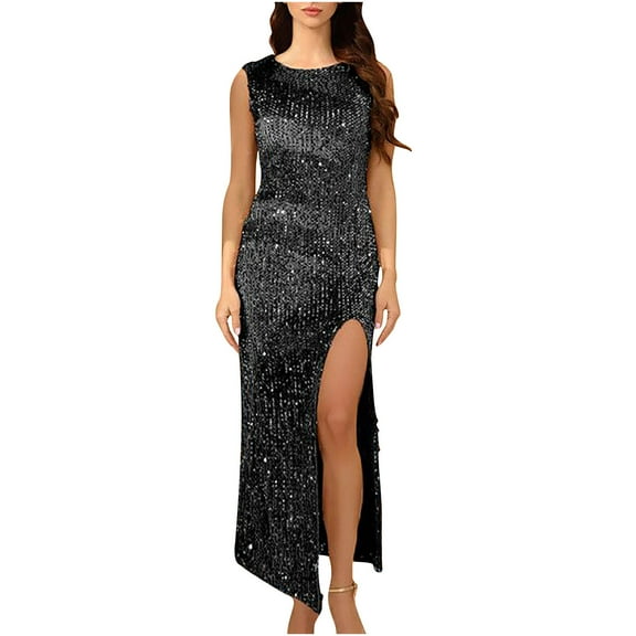 IROINNID Maxi Dress for Women Casual Dress Evening Dress Split V-neck Sequin Sleeveless Summer Sequin Dress,Black