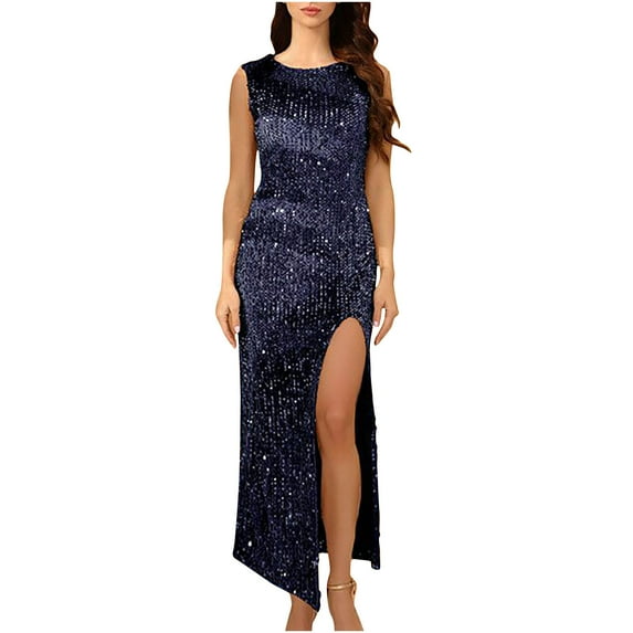 IROINNID Deals Maxi Dress for Women Casual Dress Evening Dress Sexy Split V-neck Sequin Sleeveless Summer Sequin Dress,Navy