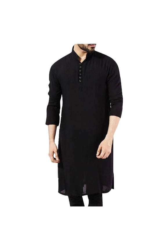 Men's Arabian Style Shirt Tops Long Sleeve Button Stand Collar Pullover Solid Muslim Robe Blouse,Black