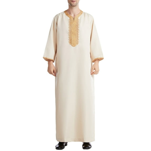 IROINNID Deals Men's Muslim Robe Arab Middle Robe Long Style 8/4 Sleeve Embroidered Standing Neck Long Shirt Robe,Beige
