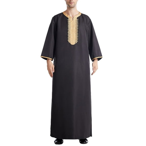 IROINNID Deals Men's Muslim Robe Arab Middle Robe Long Style 8/4 Sleeve Embroidered Standing Neck Long Shirt Robe,Black