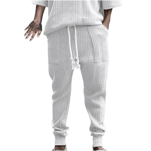 IROINNID Deals Mens Cargo Pants Solid Color Sport Loose Pleated Small Legs Drawstring Solid Color Full Length Pants,White