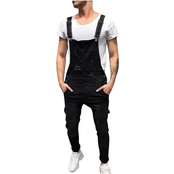 IROINNID Deals Mens Cargo Pants Solid Pocket Ripped Pants Classic Cargo Casual Denim Jumpsuit Rompers,Black