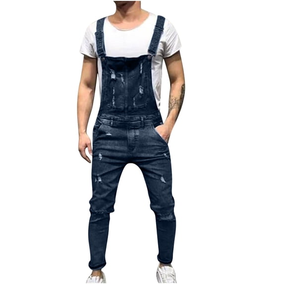 IROINNID Mens Cargo Pants Solid Pocket Ripped Pants Classic Cargo Casual Denim Jumpsuit Rompers,Dark Blue