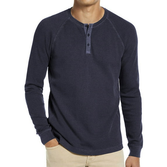 IROINNID Deals Mens Pullover Shirts Long Sleeve Waffle Solid Color Bottoming Shirt Buttonless Hooded Crew Neck Pullover Top,Dark Blue