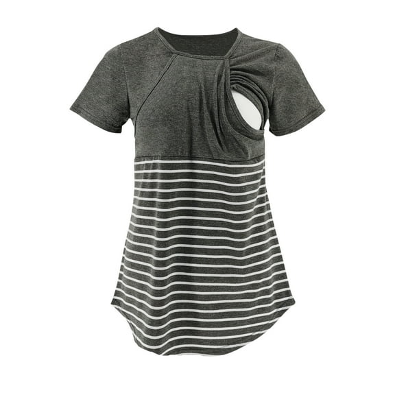 IROINNID Nursing Tops for Women Solid Color Stripe Print Short Sleeve Maternity Breastfeeding Clothe Top,Gray