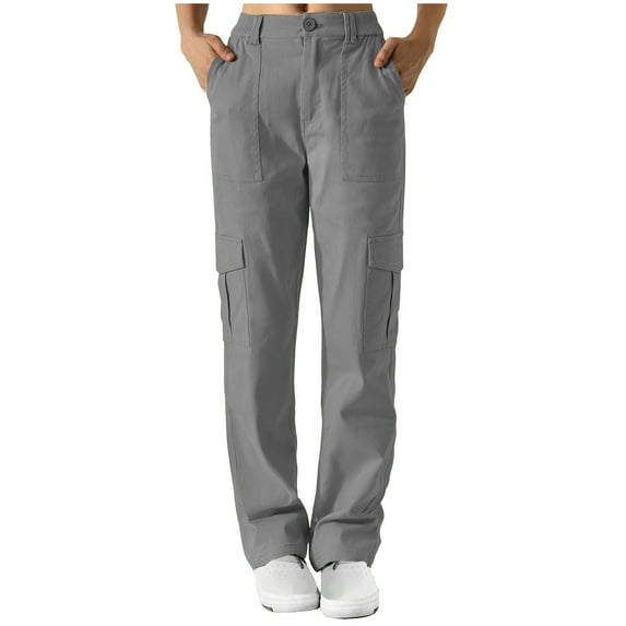 IROINNID Pants for Women Cargo Solid Sports Wide Leg Button Waist Loose Fit Casual Pants with Pockets,Gray