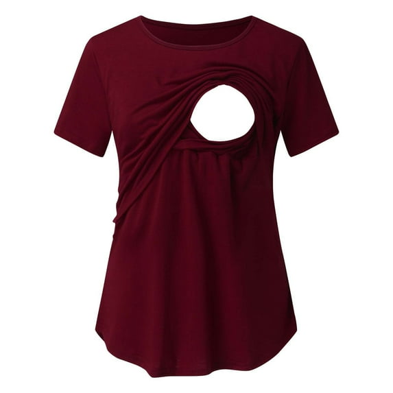 IROINNID Plain Maternity T Shirts for Women Maternity Nursing Solid Color Round Neck Short Sleeve Breastfeeding Blouse,Burgundy