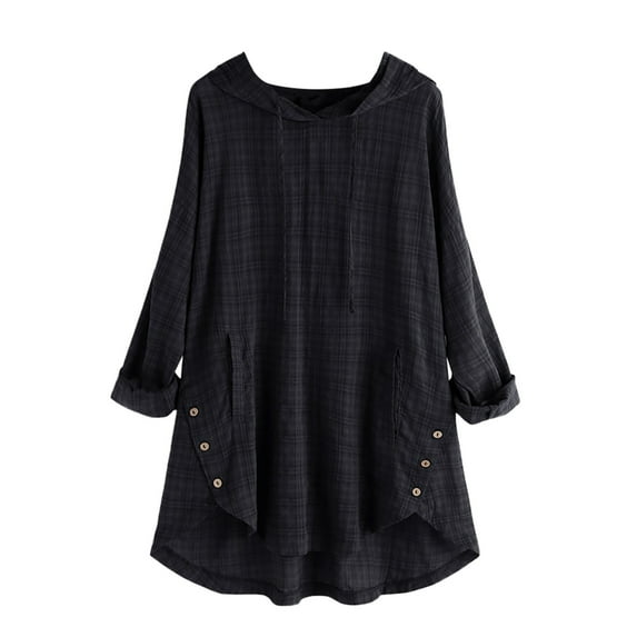 IROINNID Deals Plus Size Shirts for Women Cotton Shirts for Women Comfy Long Sleeve Hooded Button Round Neck Cotton Linen Top T-shirt,Black
