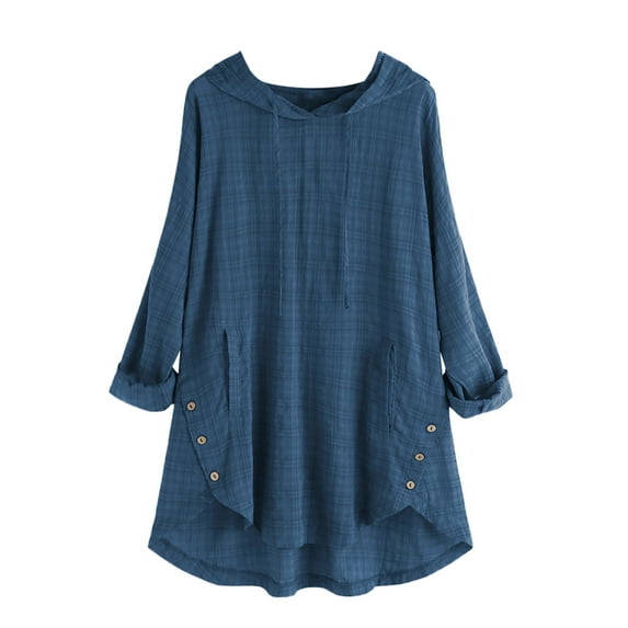 IROINNID Deals Plus Size Shirts for Women Cotton Shirts for Women Comfy Long Sleeve Hooded Button Round Neck Cotton Linen Top T-shirt,Blue