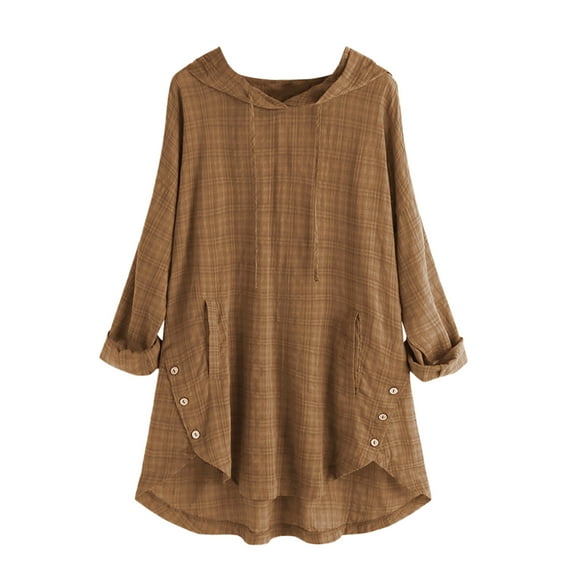 IROINNID Deals Plus Size Shirts for Women Cotton Shirts for Women Comfy Long Sleeve Hooded Button Round Neck Cotton Linen Top T-shirt,Yellow