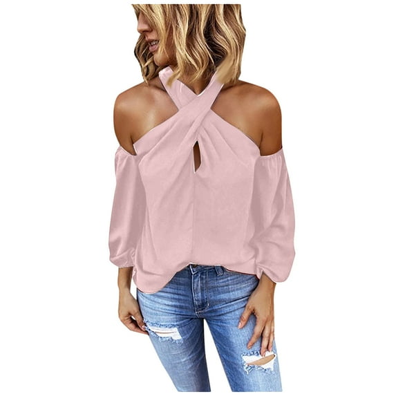 IROINNID Deals Polyester Long Sleeve T Shirt for Women Comfy Backless Solid Color Shirt Strapless Tops,Pink