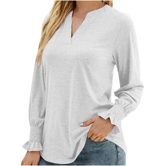 IROINNID Deals Polyester Long Sleeve T Shirt for Women Comfy Fall Slot Neck Solid Color Sleeve Loose T-Shirt Slot Neck Top/Shirt,White