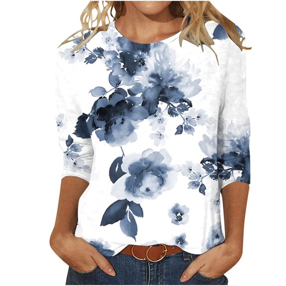 IROINNID Polyester Long Sleeve T Shirt for Women Comfy Printed Loose T-shirt Mid-length Blouse Round Neck Tops,Navy