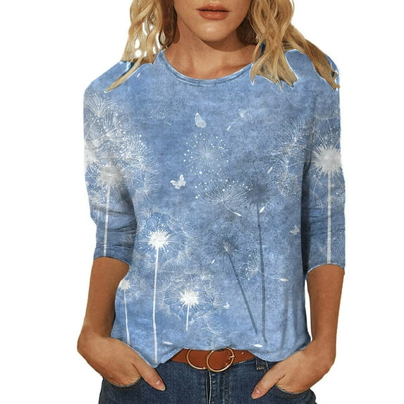IROINNID Deals Polyester Long Sleeve T Shirt for Women Comfy Printed T-shirt Mid-length Blouse Round Neck Tops,Blue