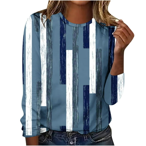 IROINNID Deals Polyester Long Sleeve T Shirt for Women Comfy Printing Round Neck Loose T-Shirt Blouse Tops,Blue