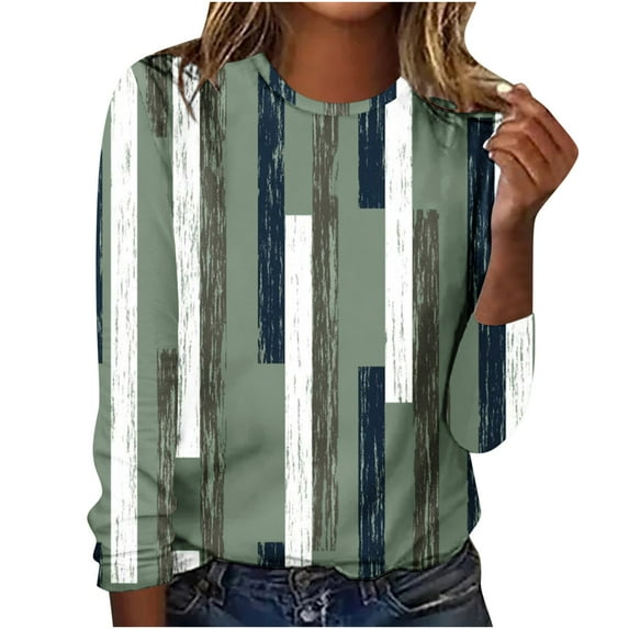 IROINNID Deals Polyester Long Sleeve T Shirt for Women Comfy Printing Round Neck Loose T-Shirt Blouse Tops,Green