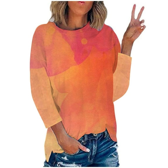 IROINNID Polyester Long Sleeve T Shirt for Women Comfy Summer Round Neck Print Outing Blouses Tops,Orange